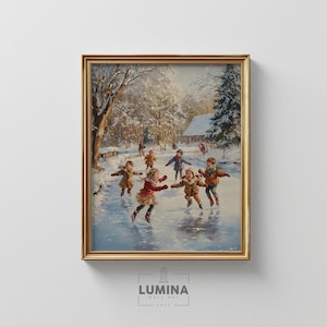 Children Ice Skating on a Frozen Pond - Charming Vintage Winter Scene, Christmas Wall Art, Snowy Landscape Print, Cottagecore Decor 197