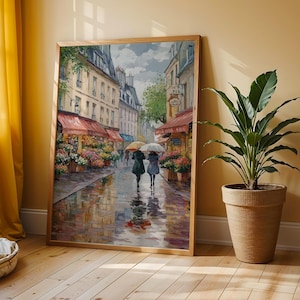 Calle adoquinada después de la lluvia primaveral: arte de pared imprimible romántico europeo, escena de ciudad vintage melancólica, impresión de día lluvioso 95