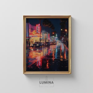 Vintage Neon City at Night - Rainy Urban Street Scene, Retro Movie Theater Glow, Moody Nightscape, Digital Art Print, Wall Decor 402