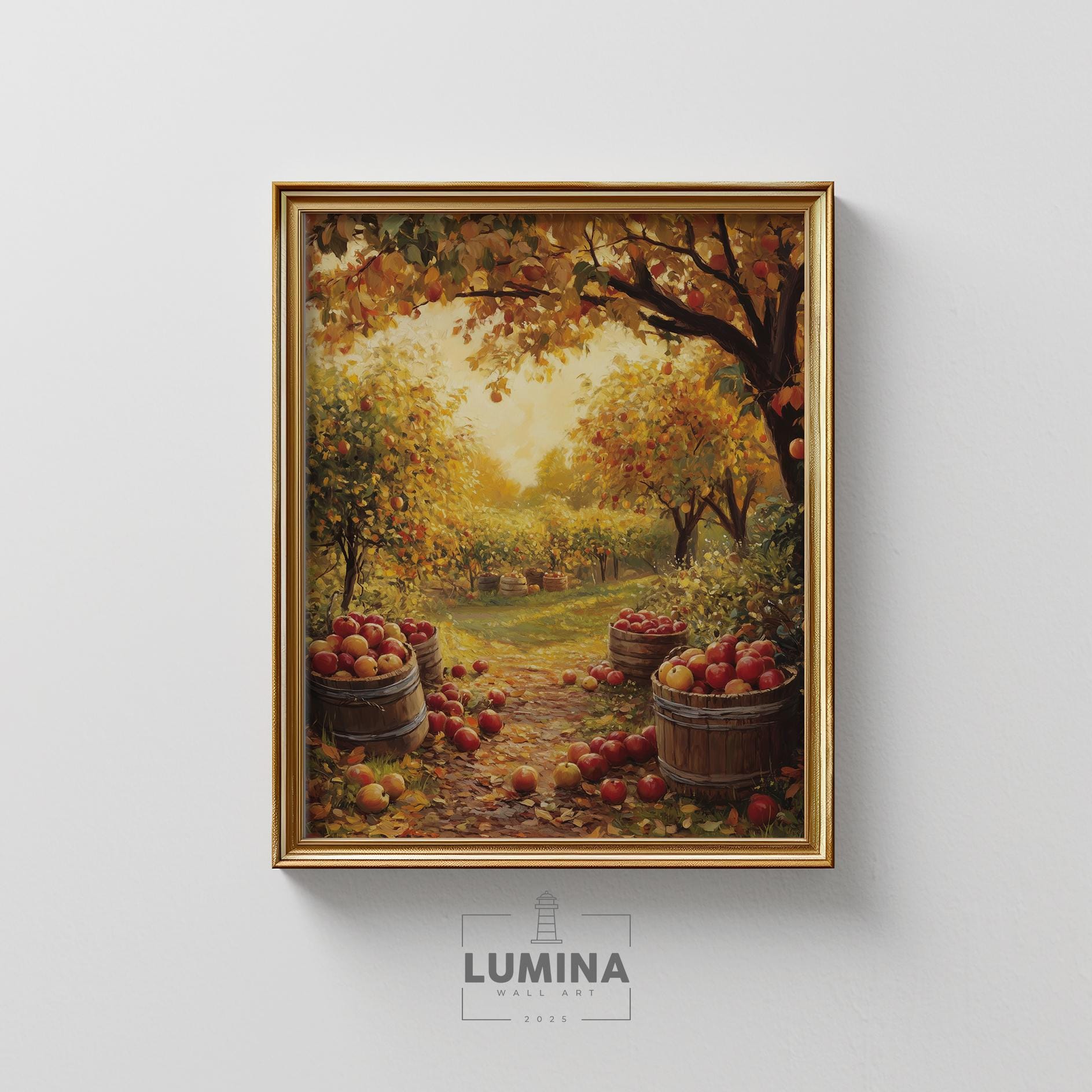 Golden Orchard in Autumn Sunlight - Cottagecore Apple Picking Scene, Warm Fall Wall Art, Vintage Farmhouse Printable, Digital Painting 167