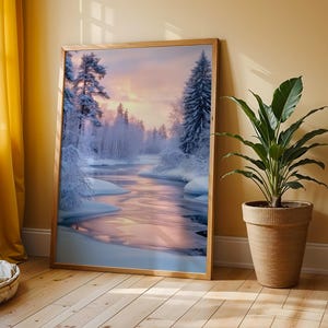 Frozen River at Sunset - Moody Winter Landscape, Soft Pastel Tones, Snowy Forest Scene, Tranquil Nature Art, Printable Wall Decor 145