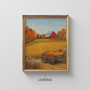 Fall Harvest on the Farm - Rustic Country Barn Scene, Pumpkin Patch Autumn Wall Art, Warm Farmhouse Decor, Digital Printable Painting 176