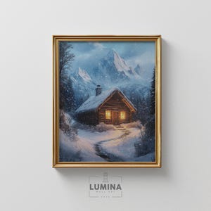 Log Cabin in a Snowy Mountain Landscape - Rustic Winter Night, Vintage Christmas Printable, Cottagecore Wall Art, Cozy Holiday Scene 201
