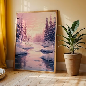 Icy River Through a Winter Forest - Serene Snowy Landscape, Cozy Cottagecore Scene, Peaceful Nature Print, Digital Wall Art 144
