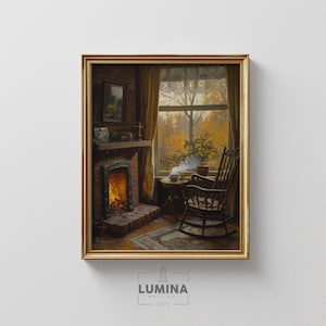 Autumn Evening by the Fireplace - Warm Rustic Wall Art, Cozy Fall Home Decor, Vintage Cottagecore Printable, Digital Painting 161