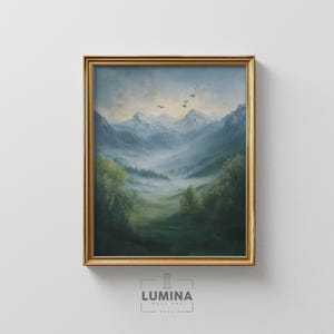 Misty Mountain Valley in Soft Light - Moody Landscape Wall Art, Serene Nature Scene, Earthy Green Printable, Tranquil Digital Art 319