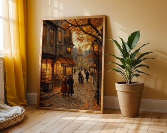 Autumn Stroll Along a Cobblestone Street - European Village in Fall, Warm Moody Tones, Vintage Town Scene, Printable Wall Art 18