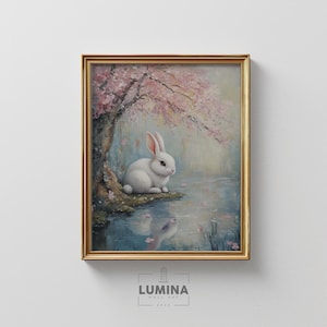 Spring Bunny by the Pond - Cottagecore Rabbit Art, Vintage Spring Nature Print, Woodland Animal Wall Decor, Printable Easter Painting 431