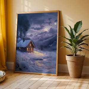Cozy Log Cabin Under a Winter Moon - Rustic Christmas Scene, Snowy Landscape Art, Cottagecore Holiday Decor, Digital Wall Art 149
