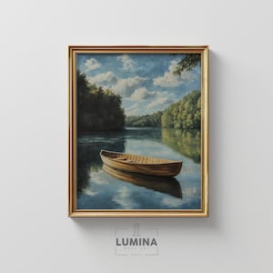 Wooden Rowboat on a Crystal-Clear Lake - Serene Nature Painting, Peaceful Summer Scene, Rustic Landscape, Printable Wall Art for Home 238