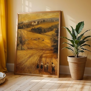 Harvest Season Farmers Printable - Rustic Autumn Landscape, Golden Wheat Fields, Country Farm Scene, Earthy Warm Tones, Digital Art 5