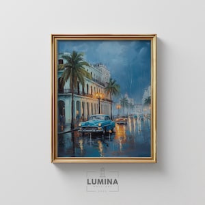 Rainy Havana Street Scene - Classic Cars & Pastel Buildings, Vintage Cuba Travel Art, Earthy Tropical Decor, Digital Wall Art 260