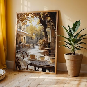 Sunlit Espresso Bar on a European Street - Rustic cafe Scene, Warm Coffee Shop Print, Vintage Travel Art, Cozy Kitchen Wall Decor 110