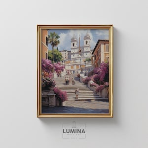 Spanish Steps in Spring Printable - Romantic Rome Cityscape, Floral European Landmark, Vintage Italy Wall Art, Digital Painting 380