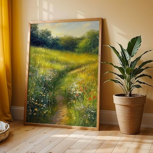 Sonnenbeschienene Wiese im Sommer zum Ausdrucken - Wildblumen Feld Malerei, Warme rustikale Landschaft, Cottagecore Naturszene, Digitales Dekor 61