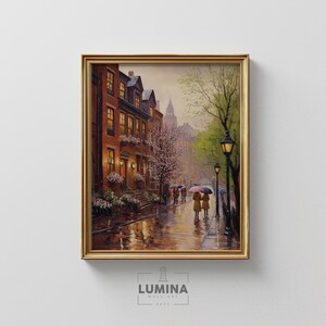 Calle lluviosa de primavera con cerezos en flor: romántica calle adoquinada, escena urbana vintage, estilo cottagecore melancólico, pintura digital imprimible 413