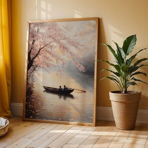 Ruhige Ruderbootfahrt unter Frühlingsblüten - Vintage Naturdruck, romantische Cottagecore Wandkunst, erdige Blumenlandschaft, ruhiges Dekor 114