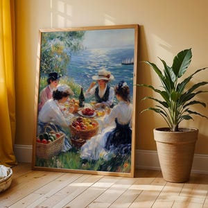 Seaside Picnic in Summer Painting - Vintage Coastal Wall Art, Romantic Outdoor Dining, Charming Ocean View, Cottagecore Picnic Scene 60