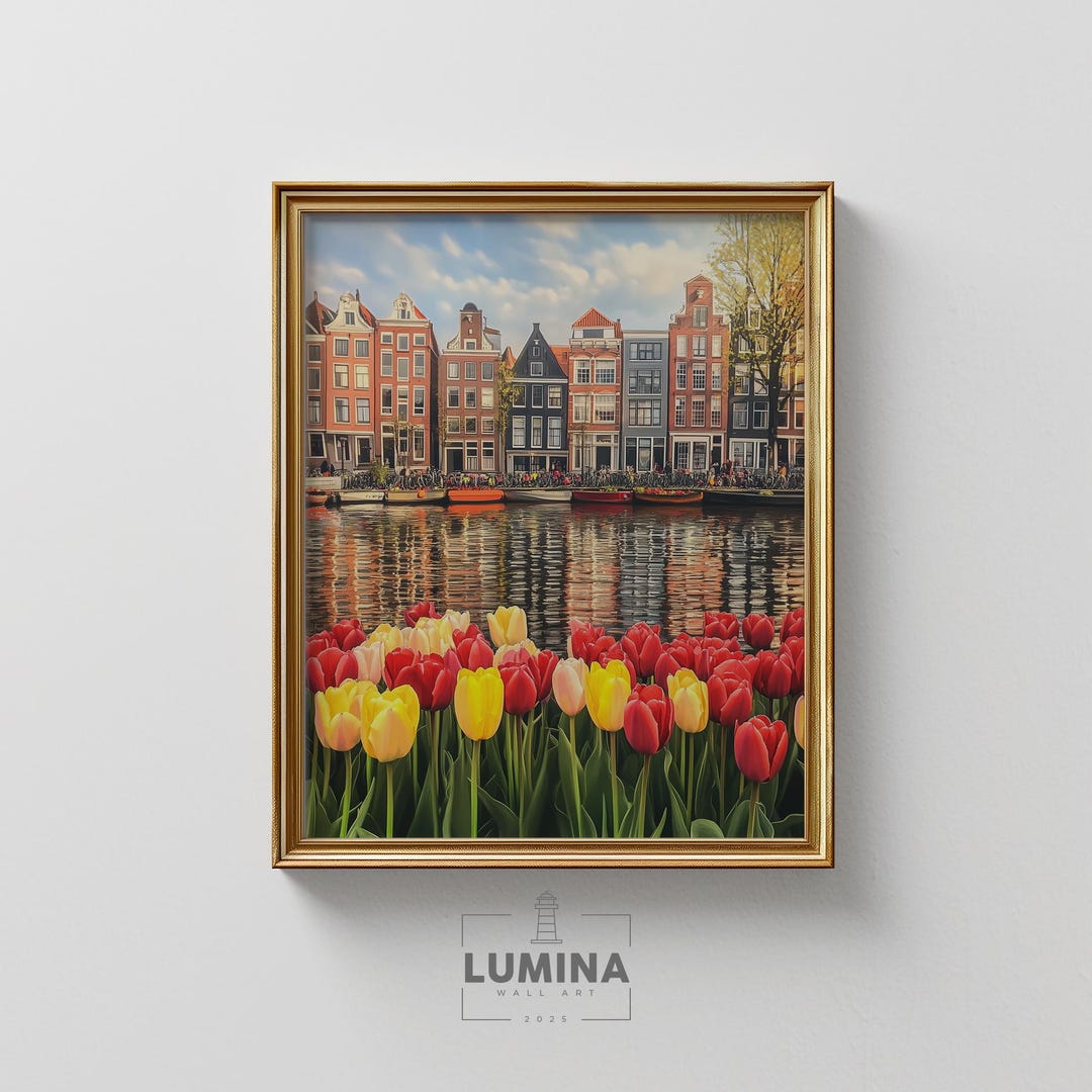 Amsterdam Tulip Canal Printable - Colorful Spring Cityscape, Romantic ...