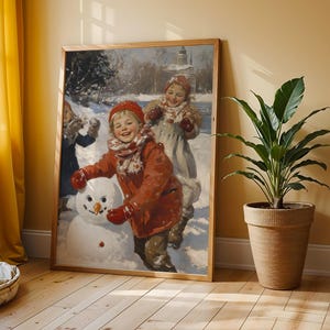 Children Playing in the Snow - Joyful Winter Scene, Vintage Christmas Art, Holiday Printable, Nostalgic Snowy Wall Decor 34