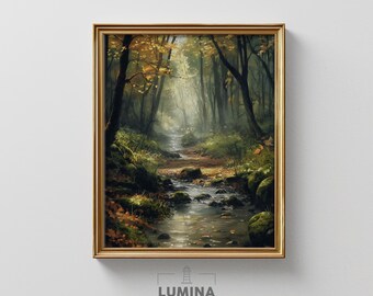 Misty Autumn Morning in the Woods - Moody Forest Wall Art, Earthy Fall Nature Print, Rustic Cottagecore Decor, Digital Painting 175