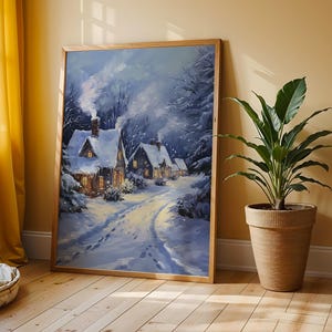Snow-Covered Village at Dusk - Cozy Winter Scene, Rustic Christmas Art, Vintage Snowy Landscape, Printable Wall Art Download 37