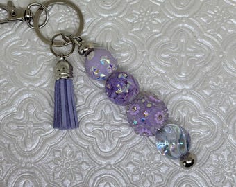 Purple Beaded Purse Charm with Tassel, Handmade Keychain