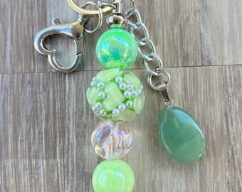 Handmade Green Beaded Keychain, Shimmering Purse Charm