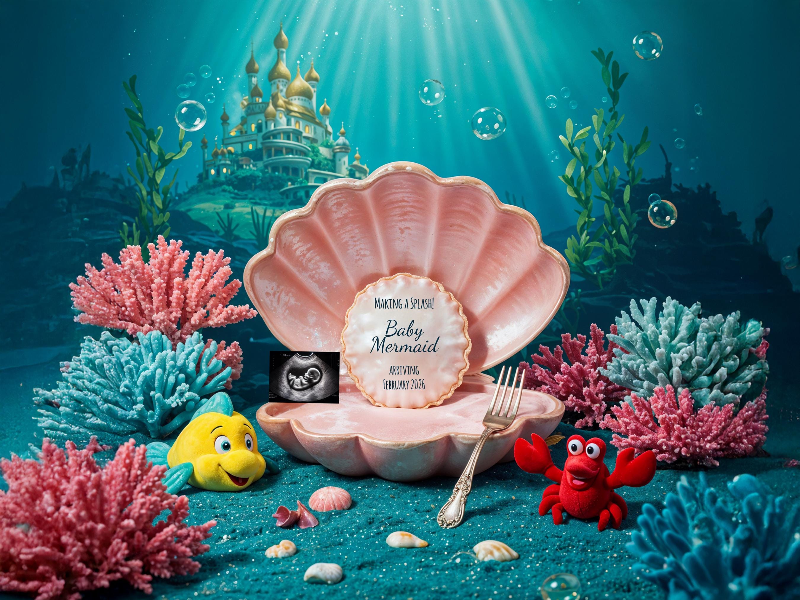 Share your exciting news with a Creative and Cute Mermaid Digital Pregnancy Announcement - Perfect for a Unique Birth or Gender Reveal!