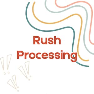 Op de afbeelding: Witte achtergrond met de tekst "Rush Processing" in een vet, oranje-rode lettertype. Abstracte, gebogen lijnen in teal, geel, roze en lichtblauw begeleiden de tekst. Uitroeptekenafbeeldingen bevinden zich in de linkerbenedenhoek.