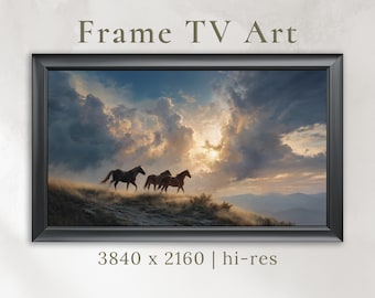 Puede incluir: Una obra de arte digital enmarcada que presenta un paisaje con caballos. La imagen muestra una manada de caballos silueteados contra un cielo al atardecer con nubes dramáticas. El texto "Frame TV Art" está en la parte superior.