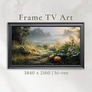 Puede incluir: Una obra de arte digital enmarcada para TV, que presenta un paisaje sereno con calabazas a lo largo de un camino. La escena está bañada en luz suave, con un fondo brumoso y el texto "Frame TV Art" en la parte superior. Resolución de la imagen: 3840 x 2160.