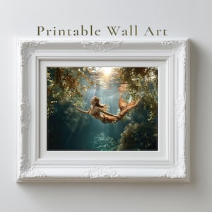 Printable Wall Art, Sunlit Mermaid Underwater – Digital Download, Coastal Decor, Ocean Myth Art, Ethereal Mermaid Wall Art, Fantasy Art,