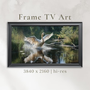 May include: A framed digital art print featuring a swan landing in a body of water. The artwork displays a serene landscape with lush greenery and the text "Frame TV Art" at the top. The image resolution is 3840 x 2160.