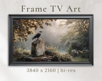 Samsung Frame TV Art, Raven on Tombstone in Foggy Graveyard, Moody Gothic Bird Wall Art, Spooky Woodland Decor, 16:9 Digital Download