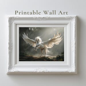 Printable Pegasus Wall Art | Digital Download | Majestic White Winged Horse in Forest | Fantasy Art  | Enchanted Landscape Decor