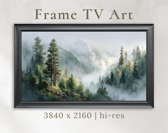 Samsung Frame TV Art, Misty Forest Mountain Peaks, Moody Wall Art, Landscape Painting, Forest Art, 16:9 Digital Download