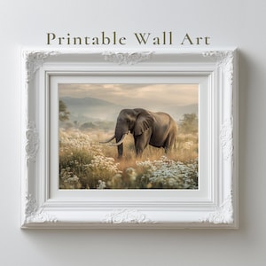 Printable Wall Art | Elephant | African Safari Wildlife Digital Download | Neutral Earth Tones Nature Decor | 5 Digital Files Included