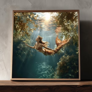 Sunlit Mermaid Print: Ethereal Underwater Fantasy Art (Digital Download)