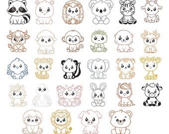 Safari Animals Outline Embroidery Designs, Baby Zoo Animal Bundle, (9 Sizes, Digital Download)
