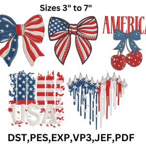 Könnte beinhalten: Gestickte Designs in Rot, Weiß und Blau, darunter Schleifen, Kirschen und das Wort „AMERICA“. Die Designs sind zwischen 7,6 und 17,8 cm groß. Das Wort „USA“ ist ebenfalls in einem flaggenartigen Design enthalten.