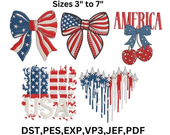 American Embroidery Bundle, USA Flag & Bow Designs (Digital Download)