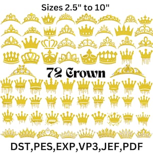 Può includere: Una collezione di 72 disegni di corone dorate, da 6,35 cm a 25,4 cm. Le corone presentano stili diversi, tra cui disegni classici, a goccia e ornati. Il testo recita "Sizes 2.5" to 10"" e "72 Crown". I formati dei file sono elencati in basso.