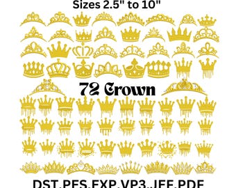 72 Crown Embroidery Designs,  King & Queen Crown, 6 Sizes (Digital Download)