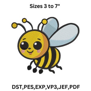 May include: A cartoon bee embroidery design with a yellow body, black stripes, and blue wings. The text "Sizes 3 to 7"" is above the bee, and "DST, PES, EXP, VP3, JEF, PDF" is below. The bee is approximately 3 to 7 inches in size.