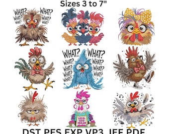 Funny Chicken Embroidery Design Bundle, Machine Embroidery Files, 9 Sizes (Instant Download)