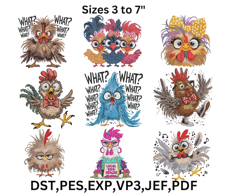 Funny Chicken Embroidery Design Bundle, Machine Embroidery Files, 9 ...