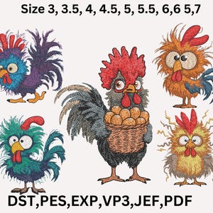 May include: Five embroidered designs of cartoon roosters in various poses and colors. The designs are available in sizes 3, 3.5, 4, 4.5, 5, 5.5, 6, and 5.7. The file formats available are DST, PES, EXP, VP3, JEF, and PDF.