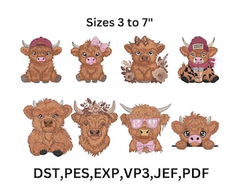 8 Baby Highland Cow Embroidery Designs, Farm Animal, 9 Sizes (Instant Download)