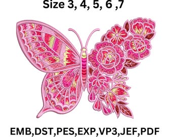 Floral Butterfly Embroidery Design, Pink Machine Embroidery File, Dst Pes Jef vp3 Exp,  9 Sizes, Instant Download
